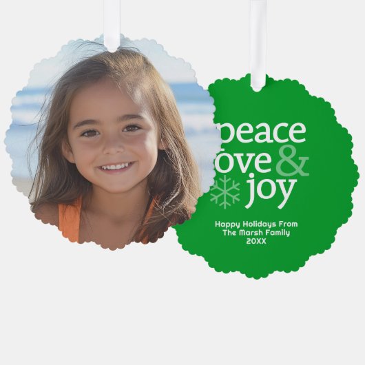Peace Love Joy Green - Christmas Photo Ornament Karte (Vorderseite/Rückseite)