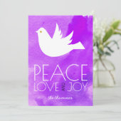Peace love joy purple watercolor & dove Christmas Feiertagskarte (Stehend Vorderseite)
