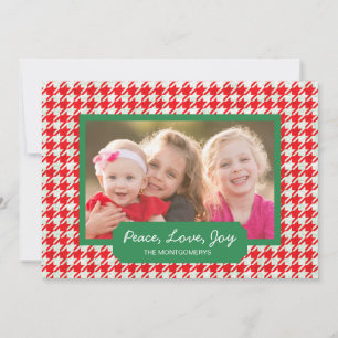 Peace Love Joy Red Houndstooth Holiday Foto Card Feiertagskarte