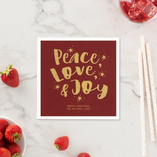 Peace Love Joy Rustikale Rot & Goldene Weihnachtsf Serviette (Beispiel)