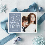 Peace, Love & Light | Hanukkah Photo Feiertagskarte<br><div class="desc">Modern typography based Hanukkah photo card features your favorite photo with "Peace,  Love and Light" alongside in white hand lettered style typography. Personalize with your family name,  individual names and/or your custom message.</div>