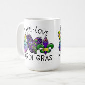 PEACE LOVE MARDI GRAS PURPLE GOLD GREEN KAFFEETASSE (Vorderseite Links)
