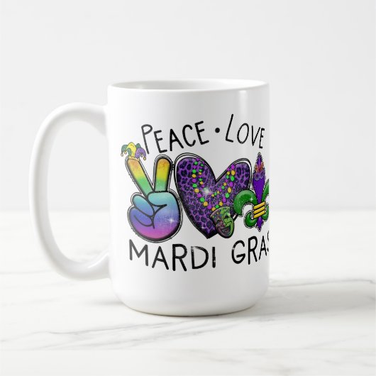 PEACE LOVE MARDI GRAS PURPLE GOLD GREEN KAFFEETASSE (Links)