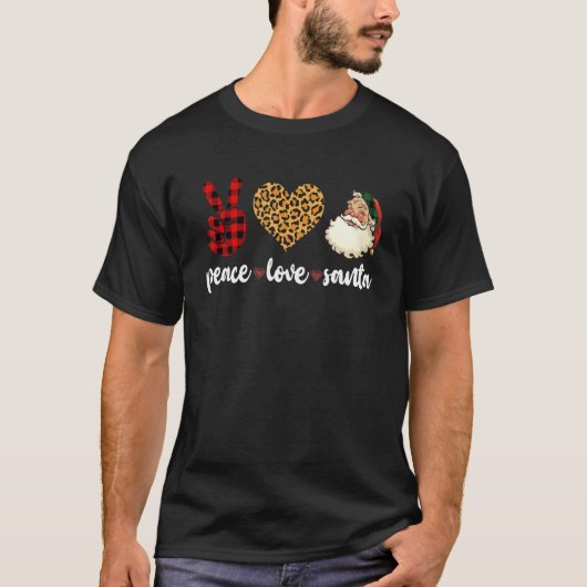 Peace Love Santa Leopard Buffalo Plaid Christmas T-Shirt (Vorderseite)
