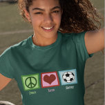 Peace Love Soccer T-Shirt<br><div class="desc">Whether you are a soccer mom or soccer pro, you will love this cool women's soccer shirt. Peace Love Soccer decorated with a green peace sign, heart, and a soccer ball for an avid fan or an awesome soccer player. Order now for a Christmas gift for your soccer coach!</div>