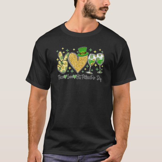 Peace Love St Patrick's Day Cheer Drinking Shamroc T-Shirt (Vorderseite)