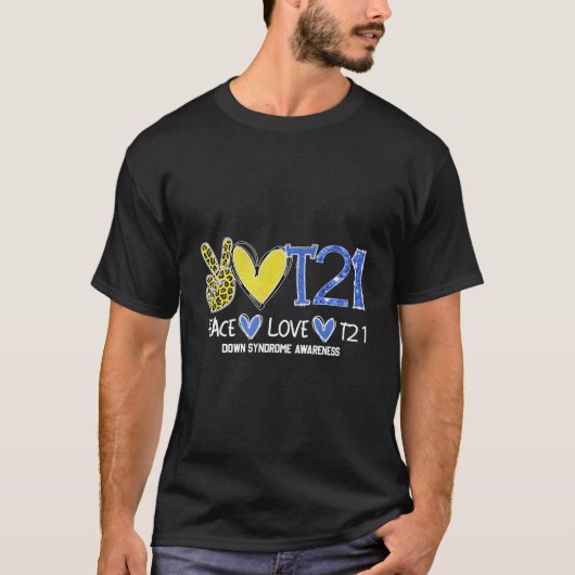 Peace Love T21 Blue Yellow Ribbon Down Syndrome Aw T-Shirt (Vorderseite)