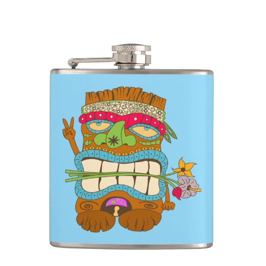 Peace Lover Tiki, Floral Hippie, Funny Blue Flachmann (Vorderseite)