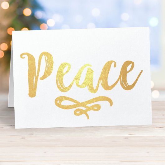 Peace Modern Brushed Script Foto Holiday Gold Folienkarte