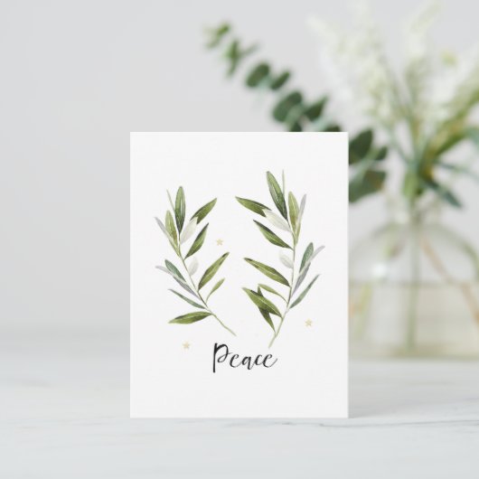 PEACE, Olivenblatt, Weihnachten, Urlaub, Aquarell, Einladungspostkarte (Stehend Vorderseite)