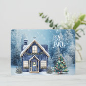 Peace on Earth Blue Christmas Winter Scene House (Stehend Vorderseite)
