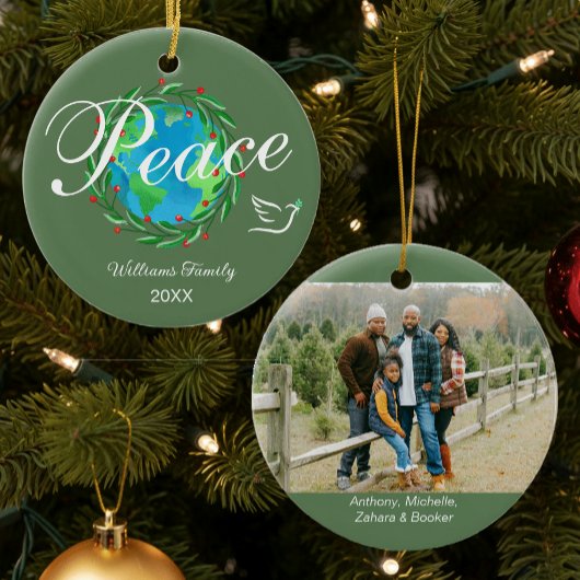 Peace on Earth Elegant Script Christmas Photo Keramik Ornament