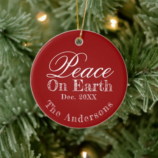 Peace On Earth Minimalist Script Christmas Red Keramik Ornament (Baum)