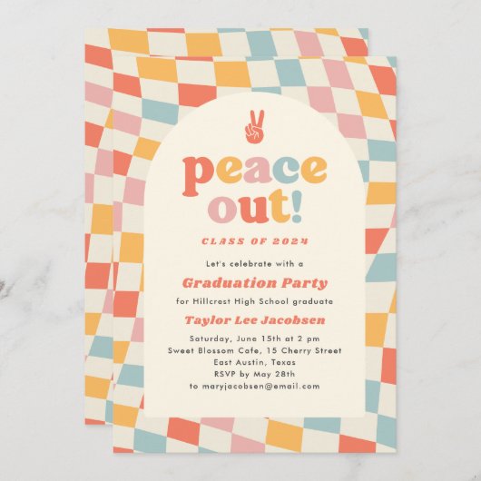 Peace Out Retro Groovy 70er Graduation Party Einladung (Vorne/Hinten)