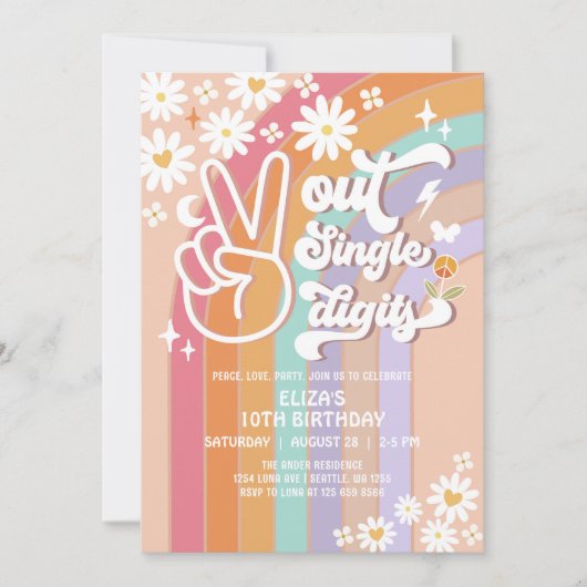 Peace Out Single Digits 10. Groovy Birthday Invit Einladung (Vorderseite)