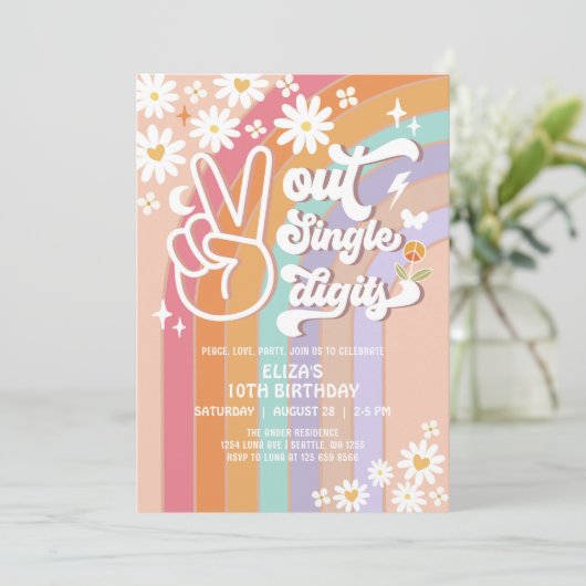 Peace Out Single Digits 10. Groovy Birthday Invit Einladung (Stehend Vorderseite)