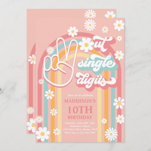 Peace Out Single Digits Boho Rainbow 10. Geburtsta Einladung (Vorne/Hinten)