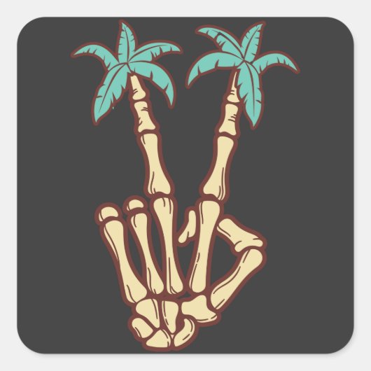 Peace Palm Trees Skeleton Hand Zeichen für Hallowe Quadratischer Aufkleber (Vorderseite)