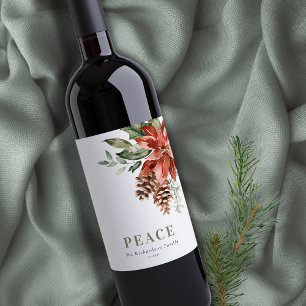Peace Poinsettia Bunch Wasserfarben Pinienwald Wei Weinetikett