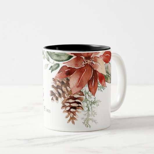 Peace Poinsettia Bunch Wasserfarben Pinienwald Wei Zweifarbige Tasse (VorderseiteRechts)