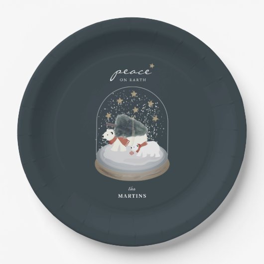 Peace Polar Bears Snow Globe Navy Blue Holiday Pappteller (Vorderseite)