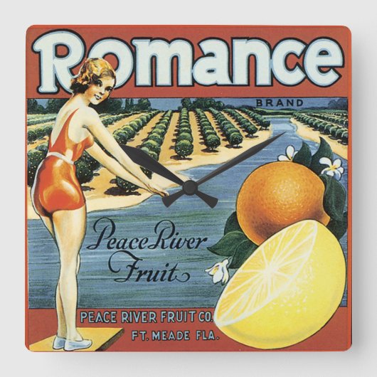 Peace River Fruit Co Crate Label Quadratische Wanduhr (Vorderseite)