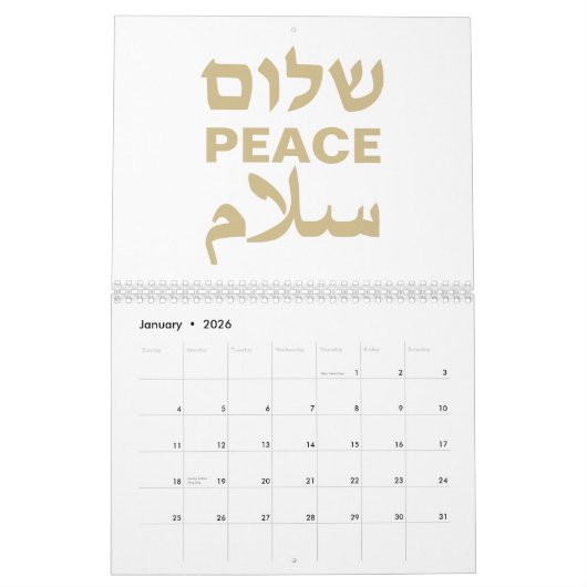 Peace Shalom Salaam Weißgold Moderne Typografie Kalender (Jan 2026)
