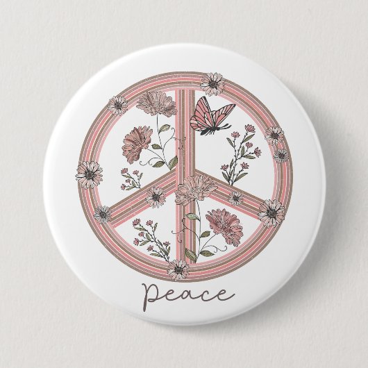 Peace Sign Boho Floral Butterfly Girly Retro Daisy Button (Vorderseite)