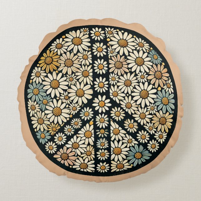 Peace Sign Daisies Rundes Kissen (Vorderseite)