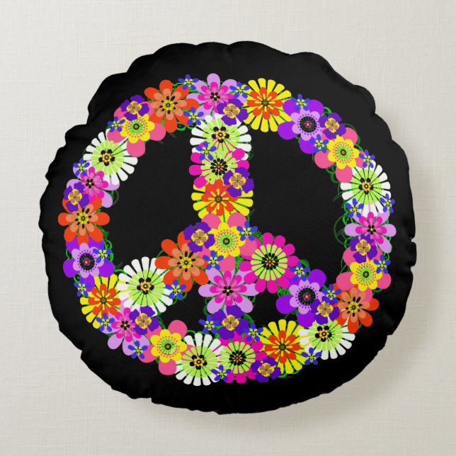 Peace Sign Floral in Black Rundes Kissen (Vorderseite)