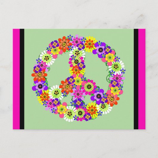 Peace Sign Floral mit Fuchsia und schwarzer Grenze Postkarte (Vorderseite)