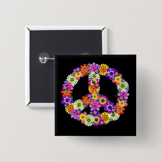 Peace Sign Floral on Black Button (Vorne & Hinten)