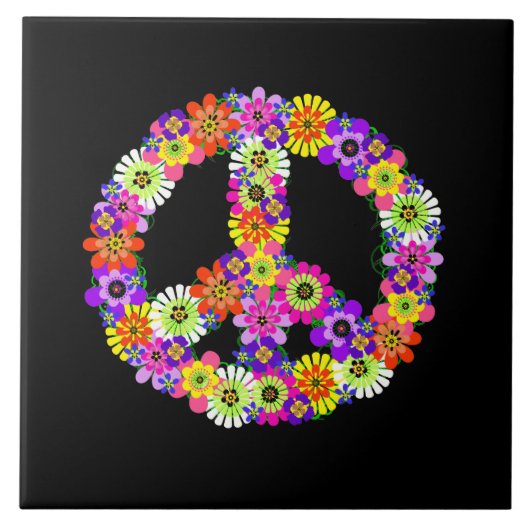 Peace Sign Floral on Black Fliese (Vorderseite)