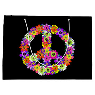 Peace Sign Floral on Black Große Geschenktüte