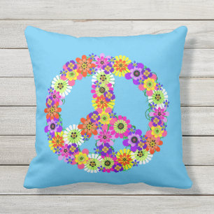 Peace Sign Floral on Blue Kissen