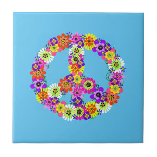 Peace Sign Floral on Light Blue Fliese