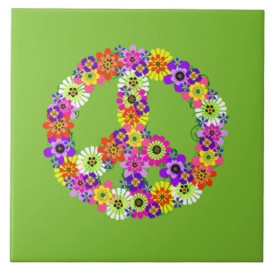 Peace Sign Floral on Lime Green Fliese
