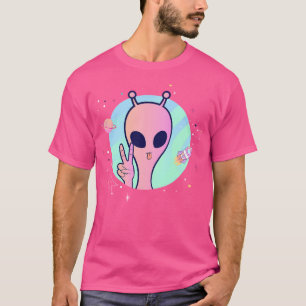 Peace Sign Hand Planet Stars Ufo Cool Trippy Pink T-Shirt