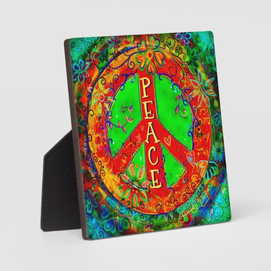 Peace Sign Hippie Fun Floral Whimsical Easel Fotoplatte (Vorderseite)