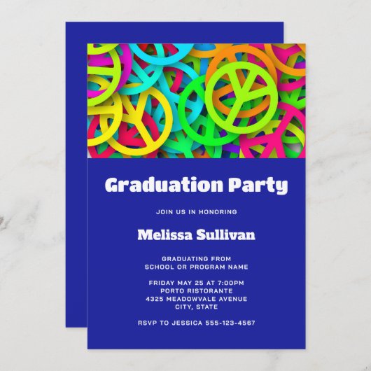 Peace Sign Pattern Groovy 60er Jahre Vibe Abschlus Einladung (Vorne/Hinten)