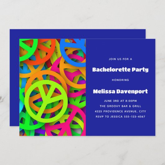 Peace Sign Pattern Groovy 6ties Bachelorette Einladung (Vorne/Hinten)