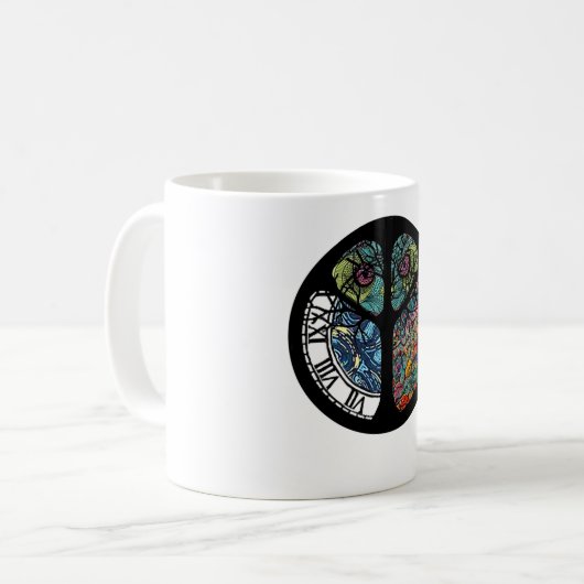 Peace Sign Tree Owl farbenfrohe Gestaltung Kaffeetasse (Vorderseite Links)