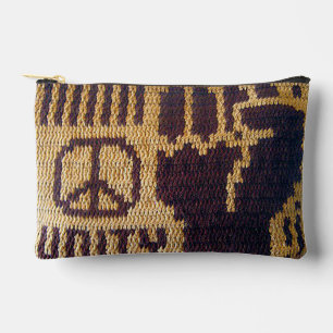 Peace Sign Unity Fist Brown Artisan Crochet Print Zubehörtasche