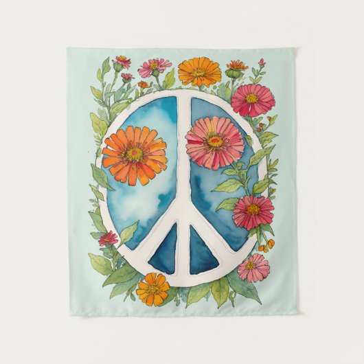 Peace Sign Zinnia Blume Retro 70er Blume Wandteppich (Vorderseite)