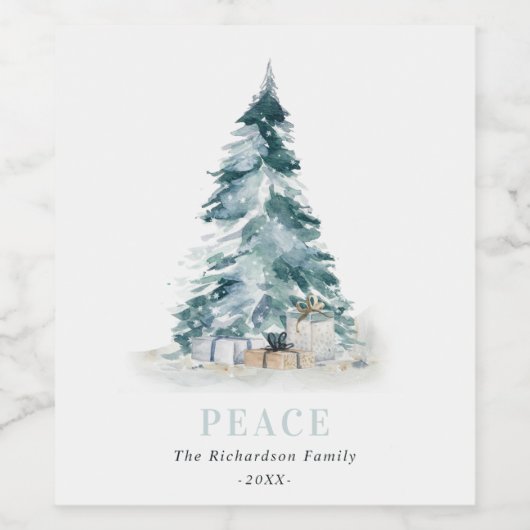 Peace Snow Watercolor Pine Weihnachtsbaum Geschenk Weinetikett (Einzelnes Label)