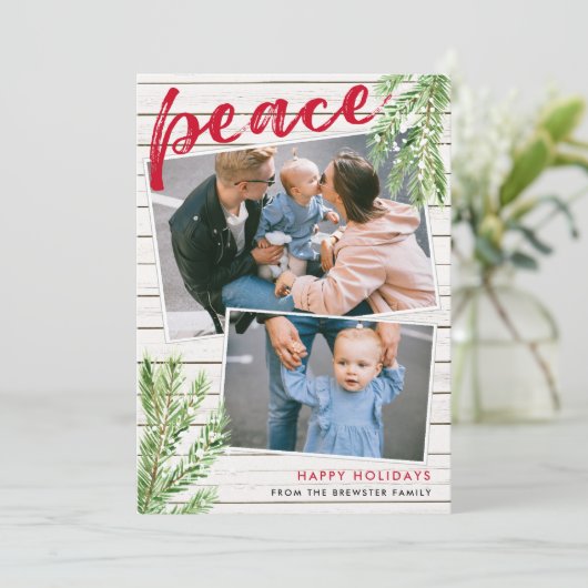 Peace, Snowy Evergreen 2 Foto Holiday Card Einladung (Stehend Vorderseite)
