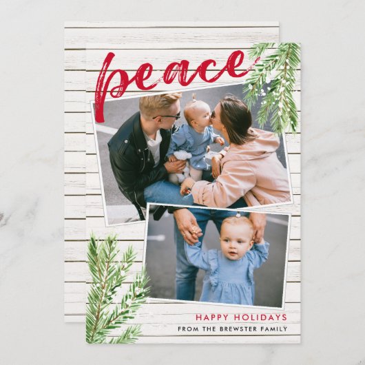 Peace, Snowy Evergreen 2 Foto Holiday Card Einladung (Vorne/Hinten)