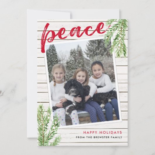 Peace, Snowy Evergreen Single Foto Holiday Card Einladung (Vorderseite)