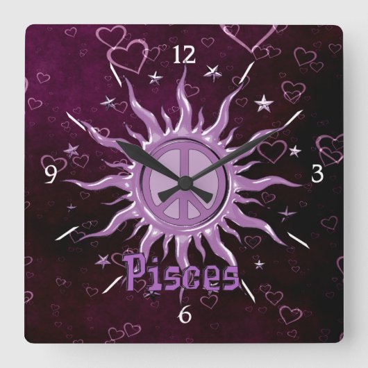 Peace Sun Pisces Quadratische Wanduhr (Vorderseite)