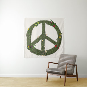 PEACE-Symbol für echte Grass-Blume Hippie 60er-Sig Wandteppich